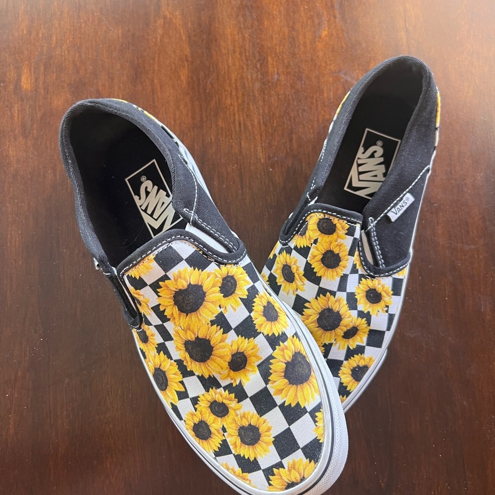Vans Black and Yellow Sunflower Slip-On Shoes